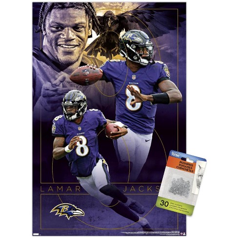 Trends International NFL Baltimore Ravens - Lamar Jackson Feature Series 23  Unframed Wall Poster Print Clear Push Pins Bundle 14.725 x 22.375