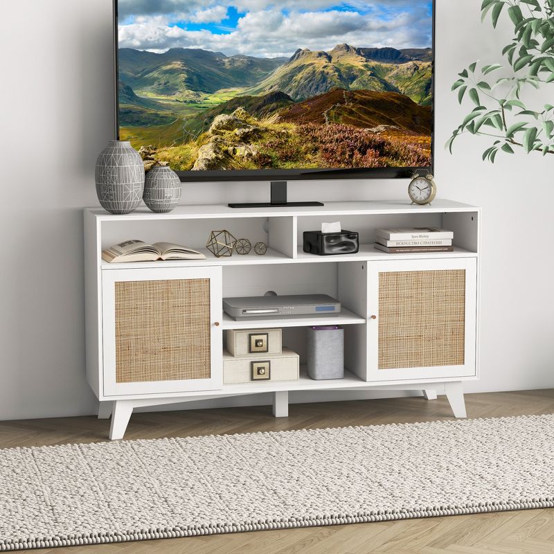 HOMCOM TV Stand Cabinet for TVs up to 65", Boho Entertainment Center with Rattan Doors, Adjustable Shelves and 4 Open Shelves for Living Room, White, 3 of 7