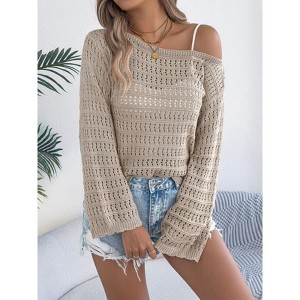 Coolmee Women's Crochet Hollow Out Drop Shoulder Scoop Neck Long Sleeve Sweater Top - 1 of 4