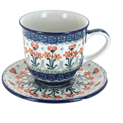 Blue Rose Polish Pottery Peach Posy Coffee Mug & Saucer