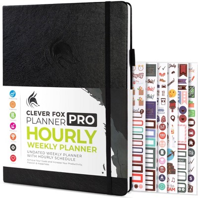 Undated PRO Schedule Planner Weekly/Monthly Black - Clever Fox: Agenda, Daily & Hourly, Ribbon Marker, 8.5x11"