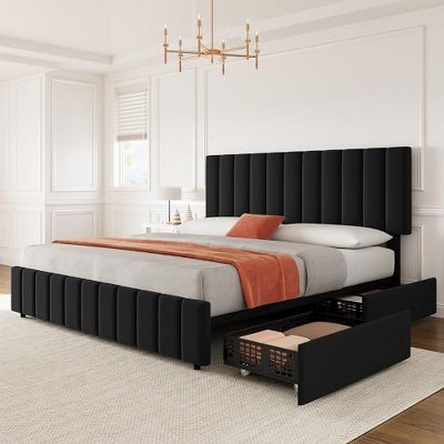 Queen Linen Upholstered Platform Bed Frame with 4 Storage Drawers, Adjustable Headboard