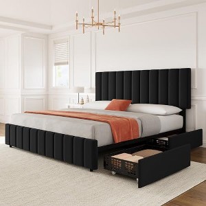 Queen Linen Upholstered Platform Bed Frame with 4 Storage Drawers, Adjustable Headboard - 1 of 4