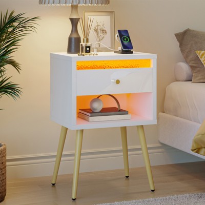 Pinmoco LED Nightstand with Charging Station, Modern Bedside Table with Drawer