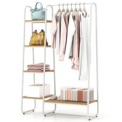 Tangkula Clothes Rack with Shelves, Free-Standing Metal Garment Clothing Rack with Hanging Rod 5 Wooden Shelves Adjustable Foot Pads Natural+White