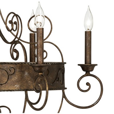 Rustic Bronze Scrollwork Chandelier with Candle Sleeves, 30" Wide