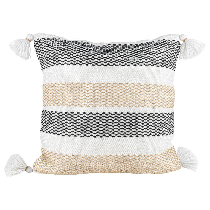 Tan & Black Tick Stripe 18X18 Hand Woven Filled Outdoor Pillow - Foreside Home & Garden, 1 of 7