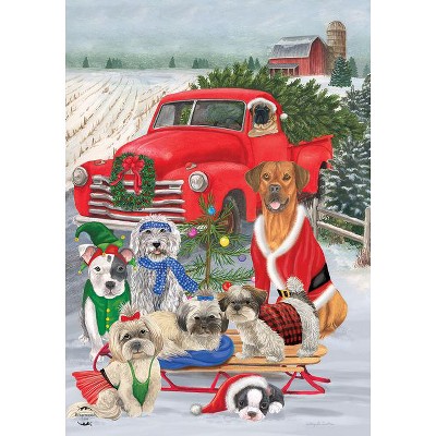 Holiday Dogs Christmas Garden Flag with Red Truck and Tree 12.5" x 18"