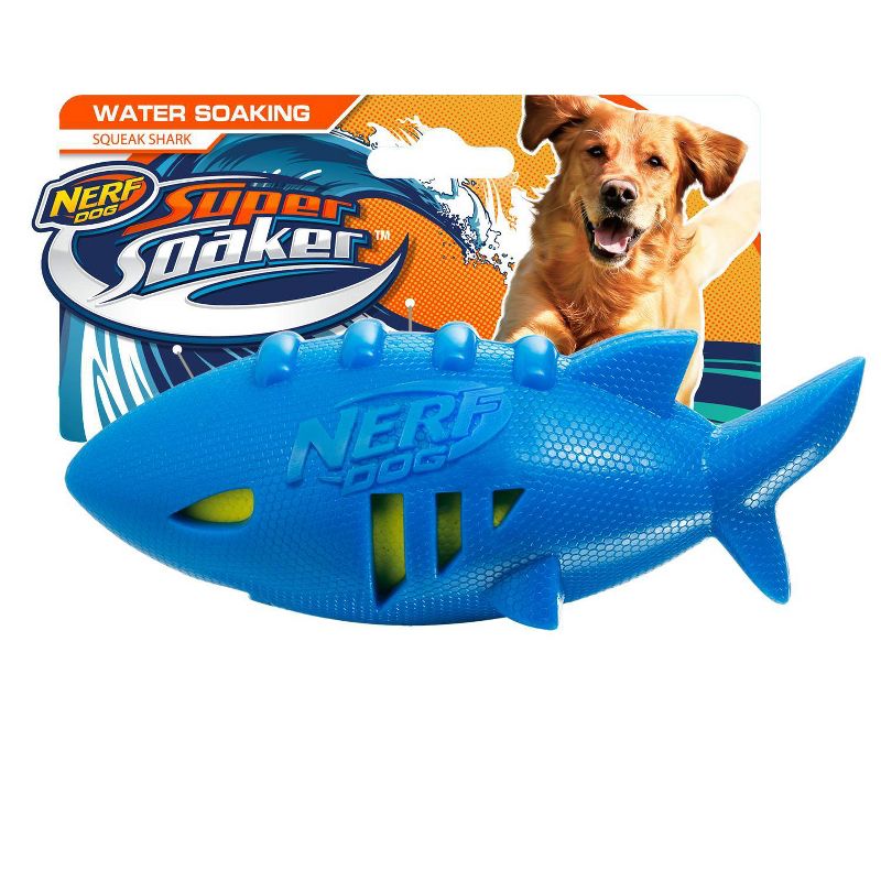 NERF Shark Super Soaker Football Dog Toy - Blue/Green - 7&#34;, 1 of 5