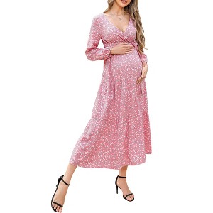 Maternity Dress Women's V-Neck Puff Sleeve Pleated Maternity Maxi Dress for Baby Shower or Casual Wear  lightgreenflower XL - 1 of 4