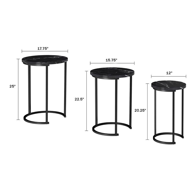 Hasting Home Set of 3 Round Living Room End Tables – Modern Faux Marble Top and Black Metal Base Nesting Tables or Nightstands, 3 of 9