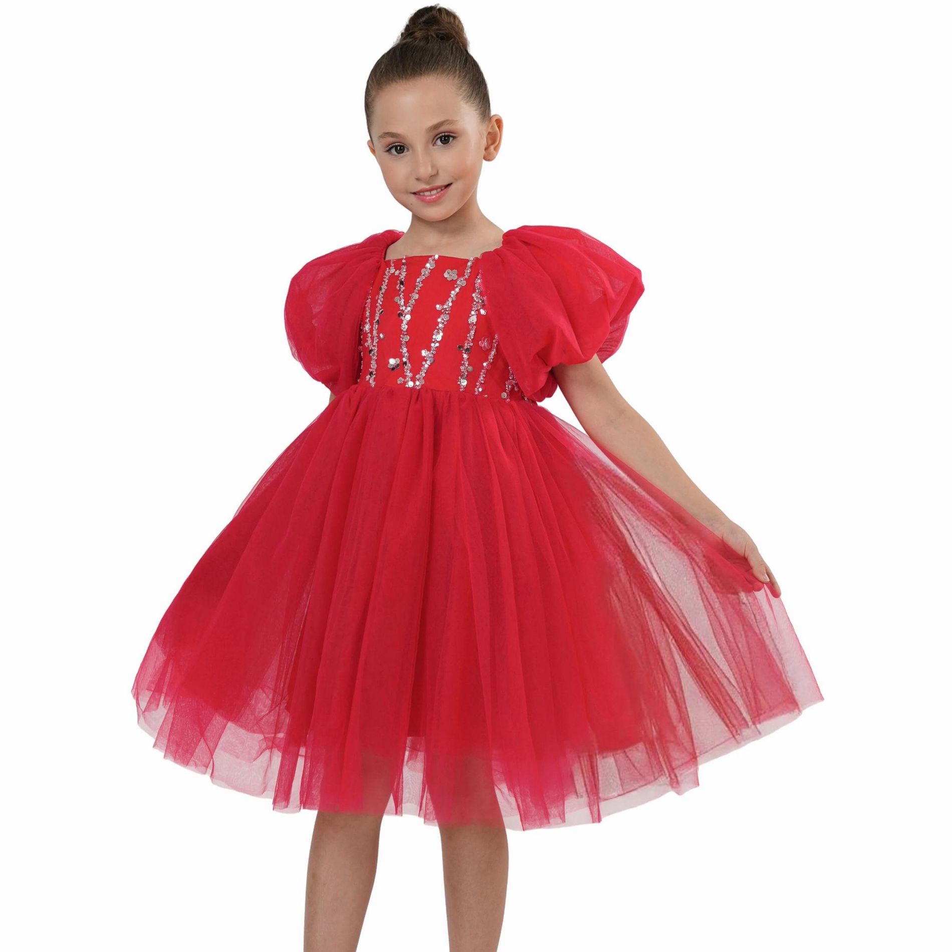 2Bunnies Girls Beaded Sequin Embellished Tulle Puff Sleeve Christmas Party Dress