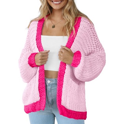 Women's Chunky Sweater Cardigan with Pockets Open Front Long Sleeve Color Block Sweaters Loose Fit Cardigan Valentine's Day Outfits,Rose - S