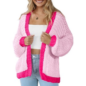 Women's Chunky Sweater Cardigan with Pockets Open Front Long Sleeve Color Block Sweaters Loose Fit Cardigan Valentine's Day Outfits,Rose - S - 1 of 4
