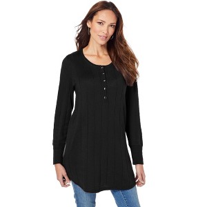 Roaman's Women's Plus Size Fine Gauge Drop Needle Henley Sweater - 1 of 4