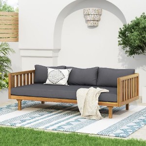 67.75" Patio Sofa, 3 Seater Outdoor Sofa with Rattan Arms, Acacia Wood Daybed with Water-Resistant Cushions -Christopher Knight Home - 1 of 4