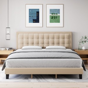 Button Tufted Upholstered Headboard Bed Frame, Sturdy Metal Foundation with Wood Slats, No Box Spring Needed, Platform Design for Bedroom. - 1 of 4