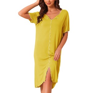 cheibear Women's Ruffled V-Neck Short Sleeve Pullover Pajama Midi Nightgown - 1 of 4