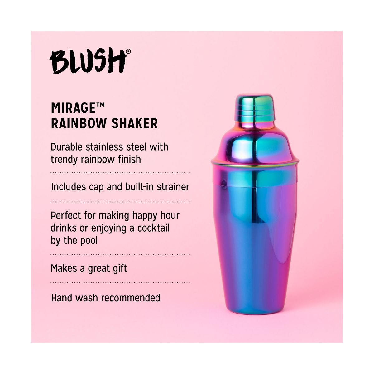 Blush Mirage Rainbow Cocktail Shaker for Margarita, Martini, Bar Gifts for Women, Girls Night, Stainless Steel, Built-in Strainer & Jigger Cap, 20 oz - thumbnail 2