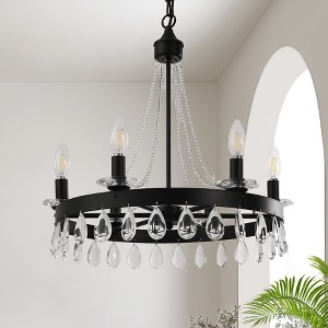 DORESshop 6-Light Black Wagon Chandelier with Crystal Bead Hanging Ceiling FixtureRustic Vintage Candle Style Industrial Ceiling Light - 1 of 4