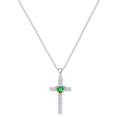 Molenia Birthstone Cross Necklace for Women, 925 Sterling Silver Heart Cross Pendant Necklace Fine Cross Jewelry Birthday Gifts for Her 18"+4" Inches