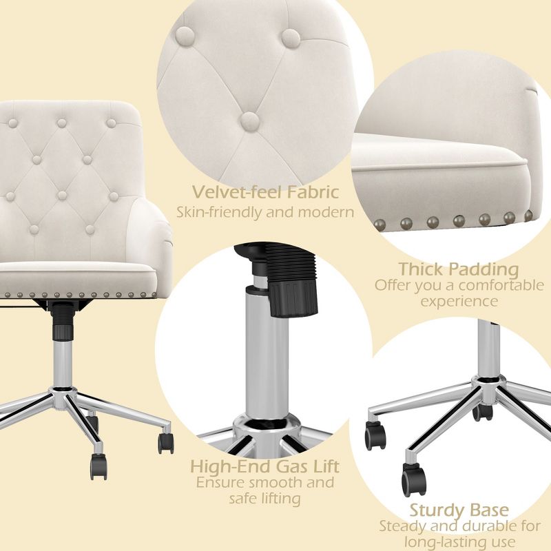 HOMCOM Modern Mid-back Desk Chair with Button Tufted Velvet Back, Nailhead Trim, Swivel Home Office Chair with Adjustable Height, Curved Padded Armrests, 5 of 10