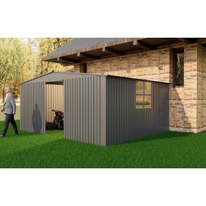 Waterproof Metal Outdoor Storage Shed with Firewood Compartment, Two-In-One Garden Shed with Doors, Windows, Pitched Roof, Stores Timber, Bikes - 1 of 4