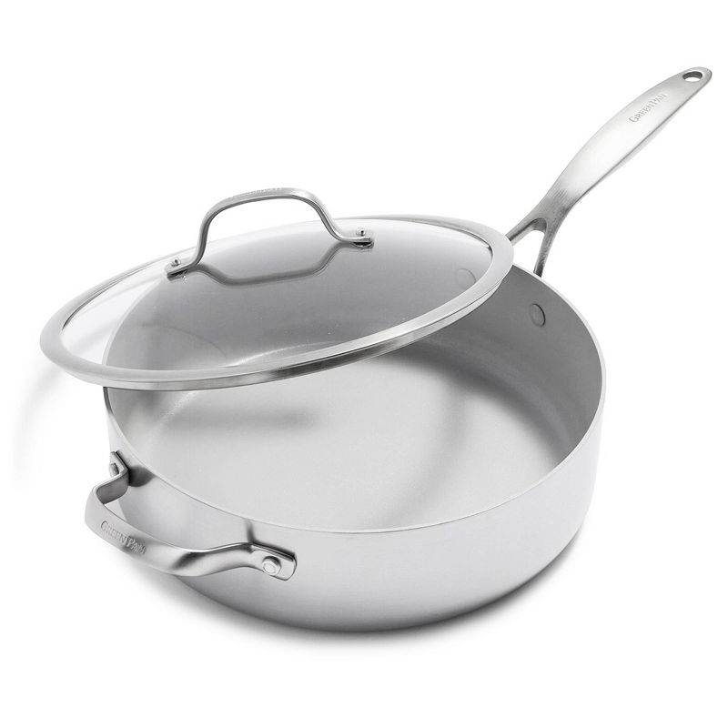 Greenpan Venice Pro Tri-Ply Stainless Steel Ceramic Non Stick 5qt Saut&#233; Pan with  Helper Handle &#38; Lid Vibrant Silver, 1 of 10