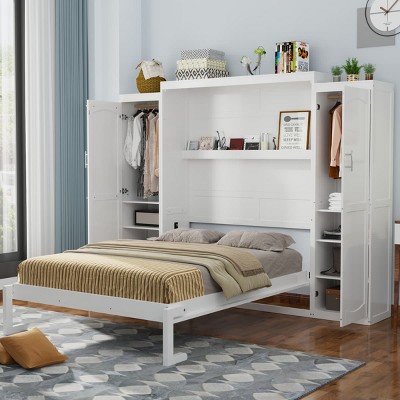 Queen Size Murphy Bed with Cabinets and Bookcase, Wall Bed with Storage Wardrobe and Foldable Platform Frame-Maison Boucle