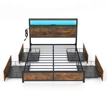 Tangkula Full/Queen Industrial Platform Bed Frame with Storage Drawers & LED Lights Headboard