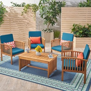 Christopher Knight Home Carolina Outdoor Acacia Wood 5 Piece Club Chair Chat Set with Cushions - 1 of 4