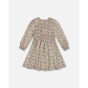 Deux par Deux Girl Smocked Viscose Dress Green with Floral Print - 1 of 4