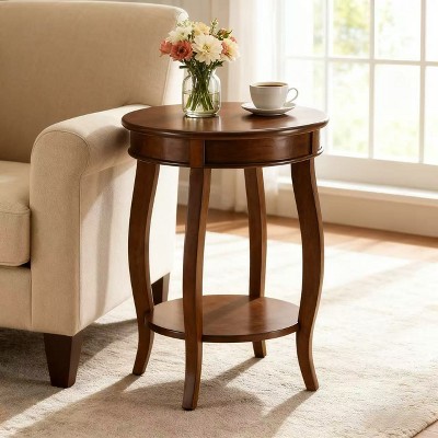 Homy Casa Round End Table with Lower Shelf, MDF Top and Solid Wood Legs, Living Room Accent Table