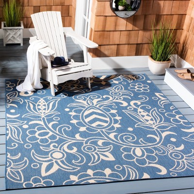 Blue and Beige Botanical Indoor/Outdoor Area Rug