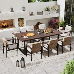 HAPPATIO 9 Piece Patio Dining Set, 8 Wicker Chairs with Aluminum Frame and Olefin Cushions, Wooden Dining Table with Umbrella Hole for Backyard Porch - 1 of 4