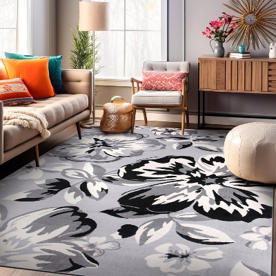 Gray Floral Synthetic 8' x 10' Area Rug