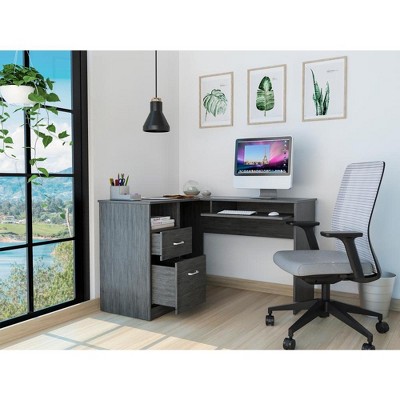 Vynxaria Smokey Oak 2-Drawer 1-Shelf L-Shaped Computer Desk