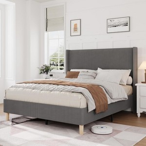 Bed Frame, Upholstered Platform Velvet Bed Frame with Vertical Channel Tufted Wingback Headboard, No Box Spring Needed, Easy Assembly - 1 of 1