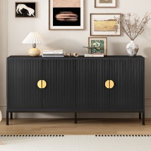 Elegant Vertical Stripe Cabinet with Robust Metal Legs and Semi-Circular Pulls - Ideal for Study, Entryway, and Living Room - 1 of 4