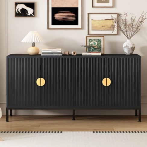 Elegant Vertical Stripe Cabinet with Robust Metal Legs and Semi-Circular Pulls - Ideal for Study, Entryway, and Living Room - image 1 of 4