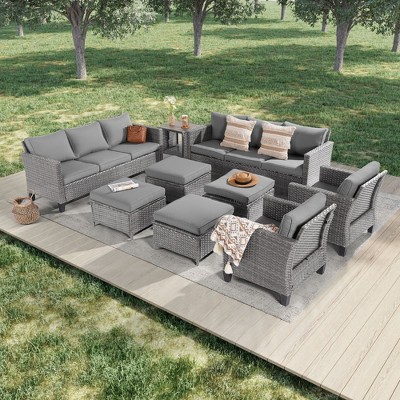 Sonkuki Outdoor 9-Piece Patio Conversation Set with Ottoman and Side Table, Navy Blue Cushion