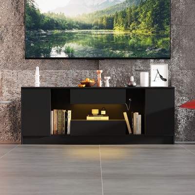 FUFU&GAGA Black TV Cabinet: Color - changing Lights, Ample Storage, Modern Design