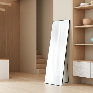 FONTOI 64 Inch Full Length Mirrors Bedroom Floor Standing Mirror, Wall Mirror with Stand Aluminum Alloy Thin Frame,  Rectangle Black 64"*13.7"*21" - 1 of 4