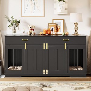 71" Dog Crate TV Stand for 2 Large Dogs, Extra Large Double Dog Kennel Furniture with Drawers and Lockable Sliding Doors, Wooden Furniture - 1 of 4