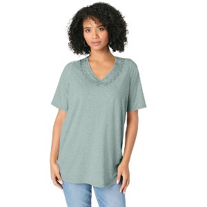 Roaman's Women's Plus Size Flutter Sleeve Linen Blend Tee - 1 of 3