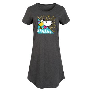 Women's Peanuts Snoopy Woodstock Stylin Graphic T-shirt Dress - Heather Charcoal - X-Large - 1 of 4