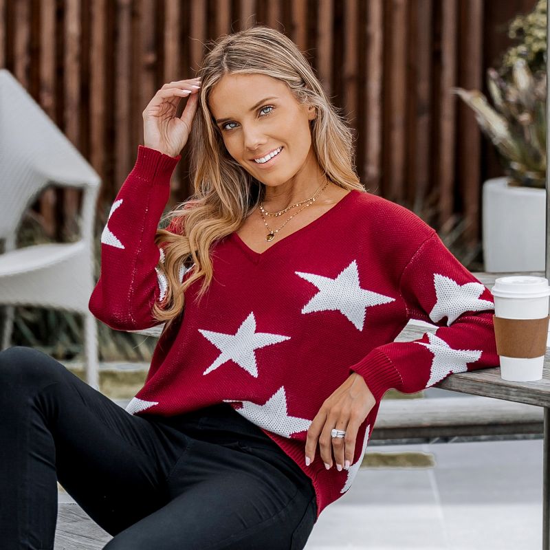 Women's Star Pattern V-Neck Drop Sleeve Sweater - Cupshe, 3 of 8