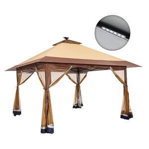 Suntime 12 x 12 Instant Pop Up Gazebo Polyester Canopy Tent Shelter with Solar LED Lights, 4 Zippered Screens, and Powder Coated Steel Frame, Brown - 1 of 4