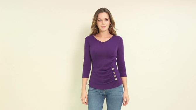 Allegra K Women's V Neck 3/4 Sleeves Solid Knitted Buttons Decor Ruched Blouse, 2 of 7, play video