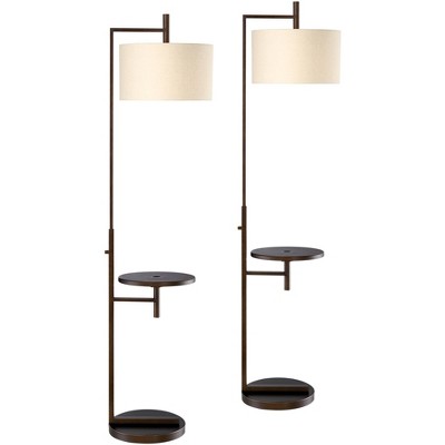 Possini Euro Design Modern Floor Lamps Set of 2 with Tray Table USB Port Oiled Bronze Soft Beige Linen Drum Shades for Living Room